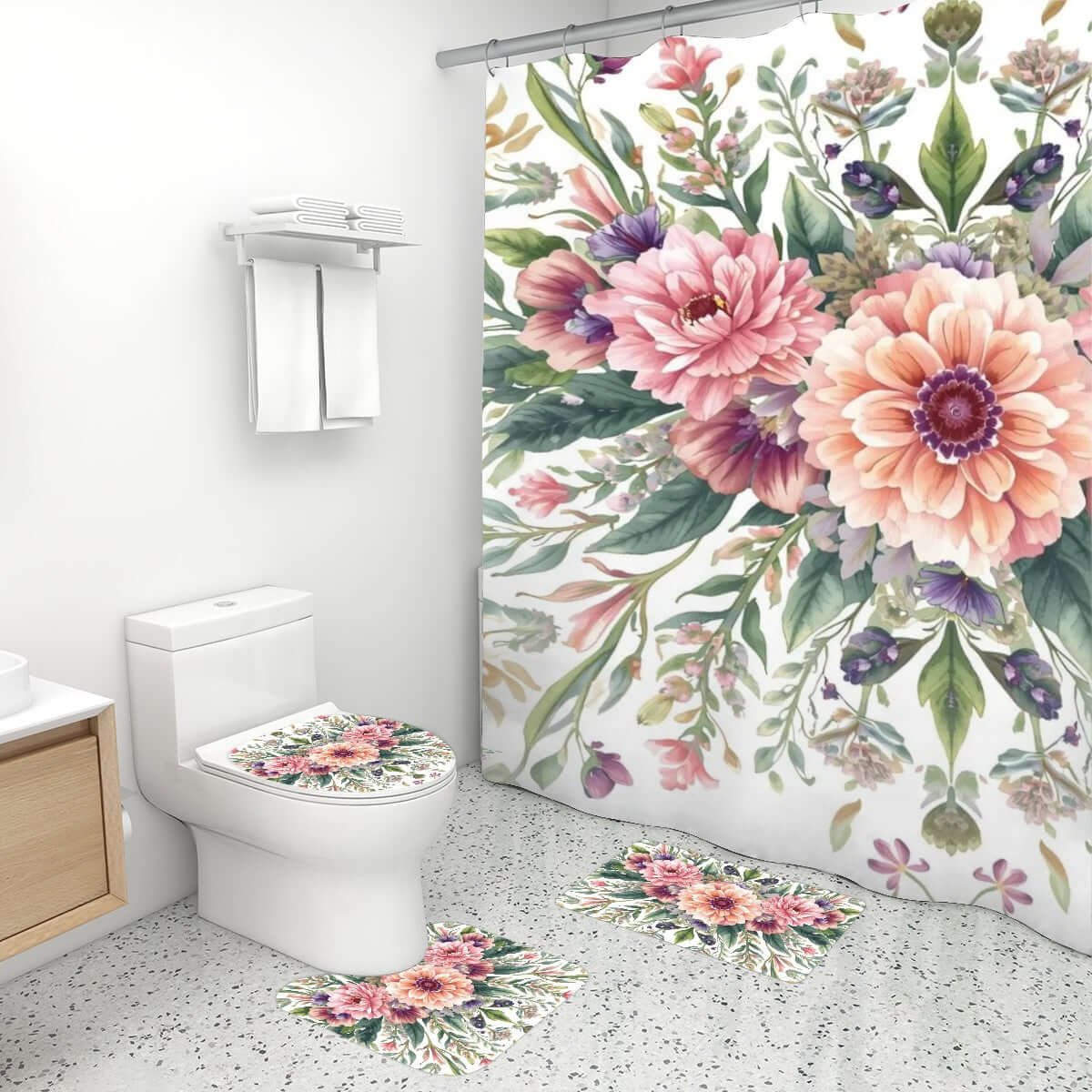 Badezimmerteppich-Set mit Duschvorhang, 4-teilig mit floralem Design, aus Polyester, wasserfest, langlebig, für stilvolle Badezimmerdekoration.