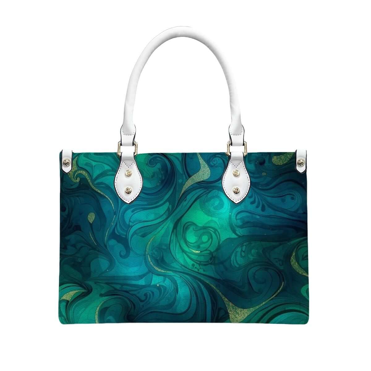 PU Tote Bag for Women with blue-green swirl pattern, white handles, black interior, UV printed design, high-quality PU material
