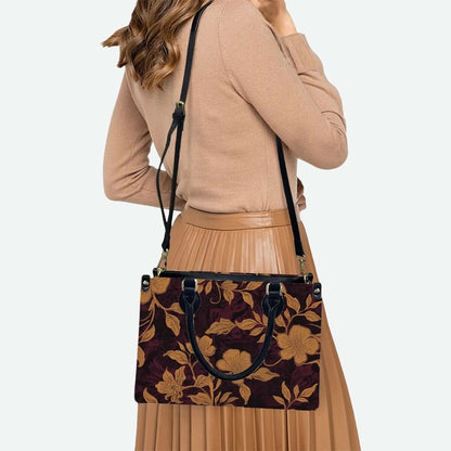 Woman carrying PU Tote Bag for Women with floral pattern, black handles, crossbody strap, showcasing stylish and versatile design.