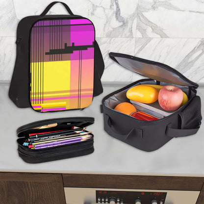 3er-Set Taschen (Oxford-Rucksack, Lunchtasche &amp; Federmäppchen) auf Küchenarbeitsplatte mit modernem Design