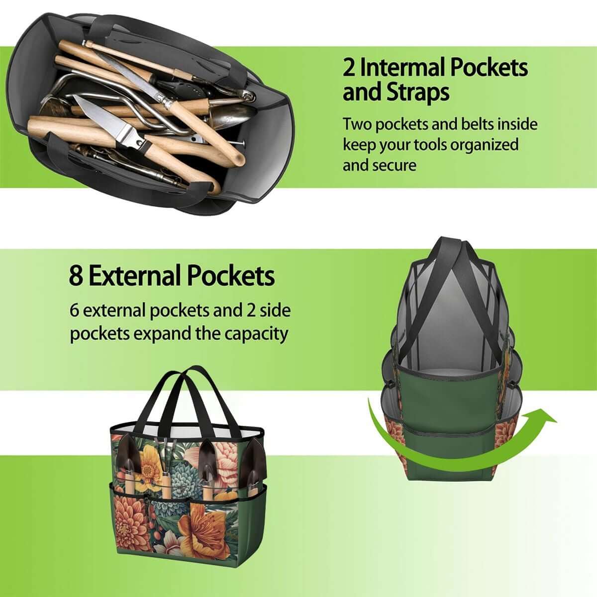 Gartengerätetasche aus Oxford-Stoff mit 2 internen und 8 externen Taschen, ideal für organisierten Werkzeugtransport, wasserdicht und langlebig.