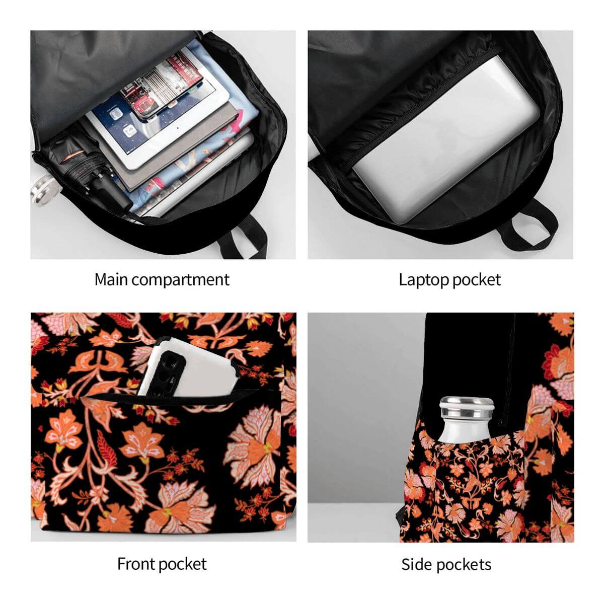 Geräumiger Oxford-Rucksack mit Hauptfach, Laptopfach und Seitentaschen für Flaschen, aus robustem Oxford-Stoff mit Blumendesign.