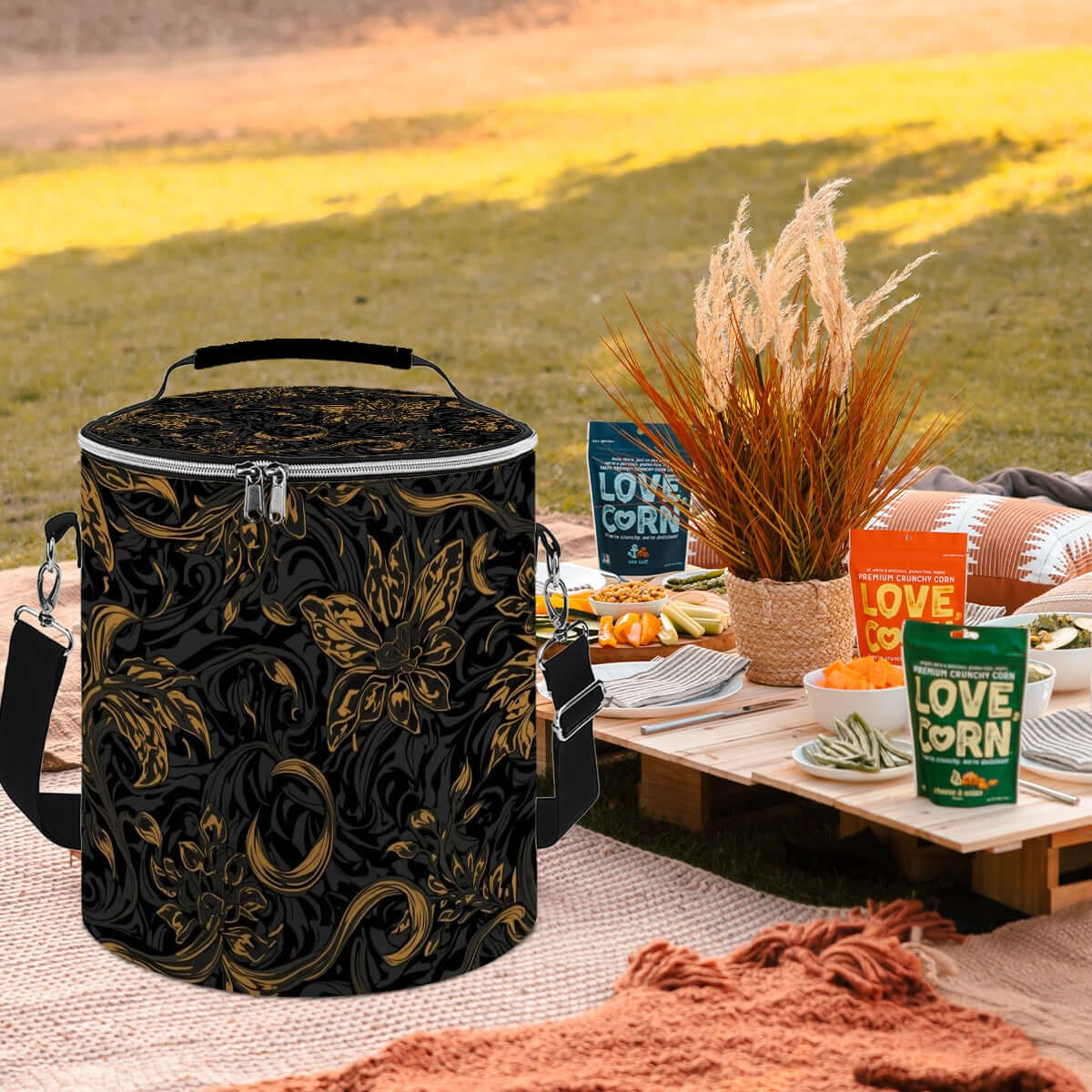 Camping‑Kühltasche - Tragbar isoliert für Outdoor, schwarz-goldenes Design auf Picknickdecke, umgeben von Snacks