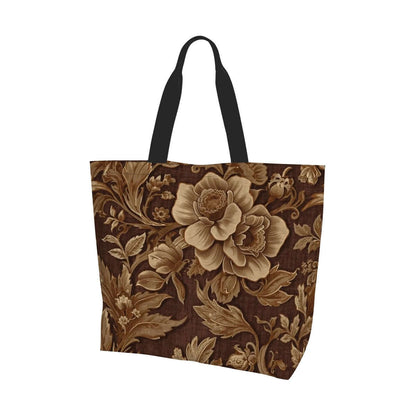 Große Schultertasche für Damen mit floralem Muster aus 100% Polyester und Sublimationsdruck, braun-beige Farbtöne auf einseitigem Design.