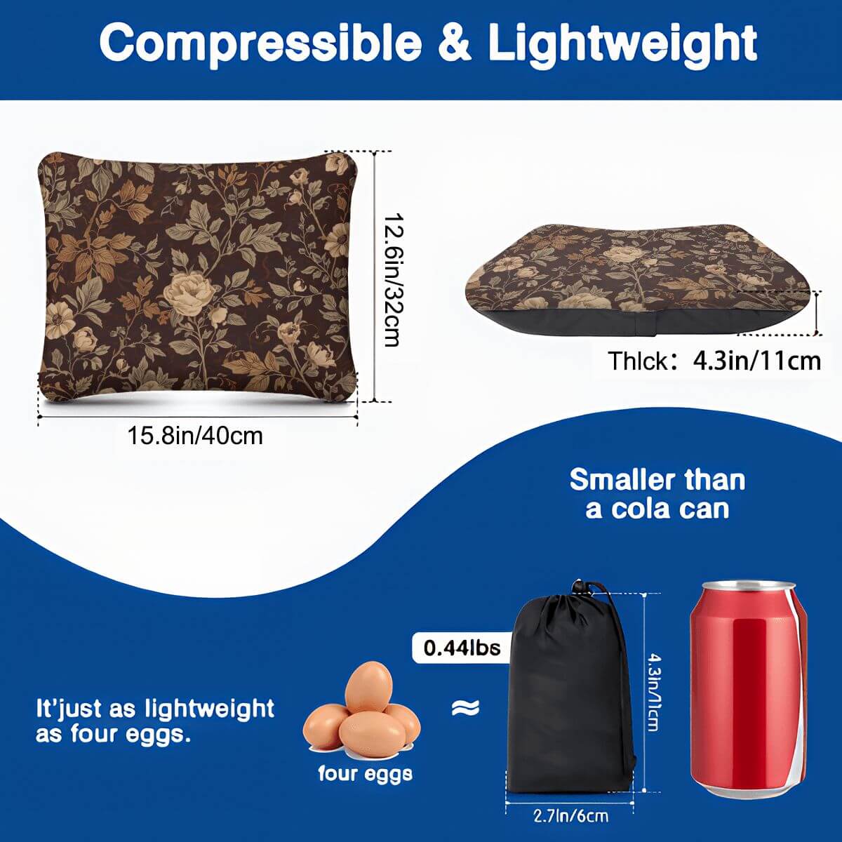 Video Aufblasbares Campingkissen, braunes Blumenmuster, 15,8x12,6x4,3 Zoll, leicht, kleiner als eine Coladose, hautfreundlich