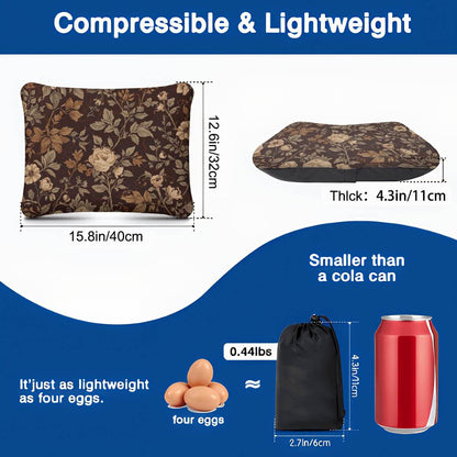 Video Aufblasbares Campingkissen, braunes Blumenmuster, 15,8x12,6x4,3 Zoll, leicht, kleiner als eine Coladose, hautfreundlich