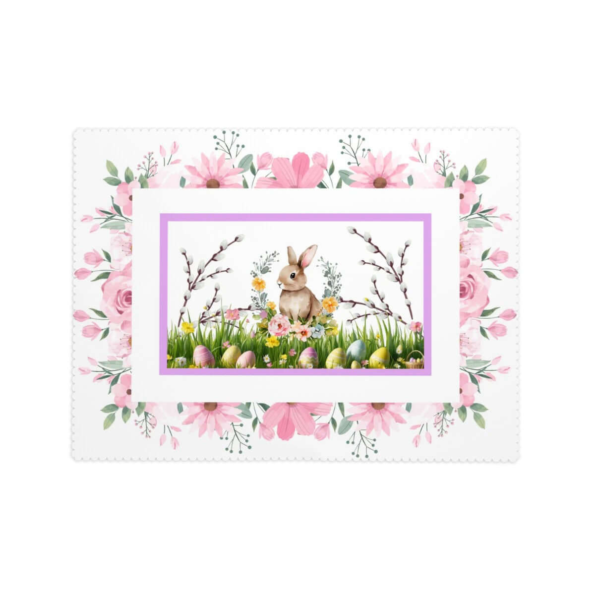 Rechteckige Tischdecke mit Wellenrand Ostermotiv, 72x54, 100% Polyester, einseitiger Druck mit floralem Design und Osterhase in Blumen.