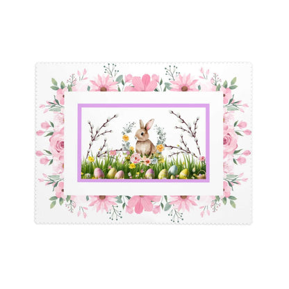 Rechteckige Tischdecke mit Wellenrand Ostermotiv, 72x54, 100% Polyester, einseitiger Druck mit floralem Design und Osterhase in Blumen.