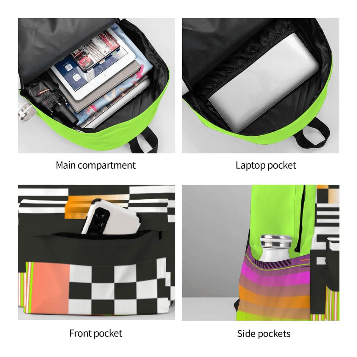 Geräumiger Oxford-Rucksack mit Seitentaschen, integriertes Laptop- und Hauptfach, Front- und Seitentaschen, Sublimationsdesign