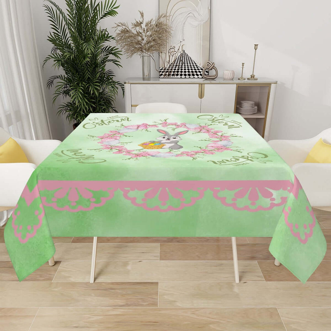 Quadratische Tischdecke Ostermotiv aus Polyester, 54x54 und 60x60, sublimierter Druck, wasserabweisend, dekorativ für Ostern.