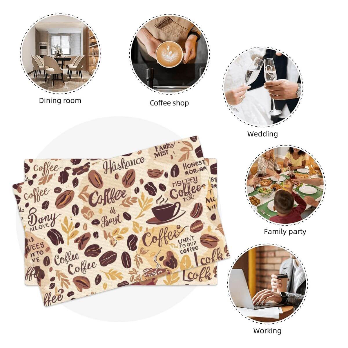 Doppellagige Tischsets aus Leinenimitat mit Kaffeetassen-Design, perfekt für Esszimmer, Hochzeiten oder Familientreffen.