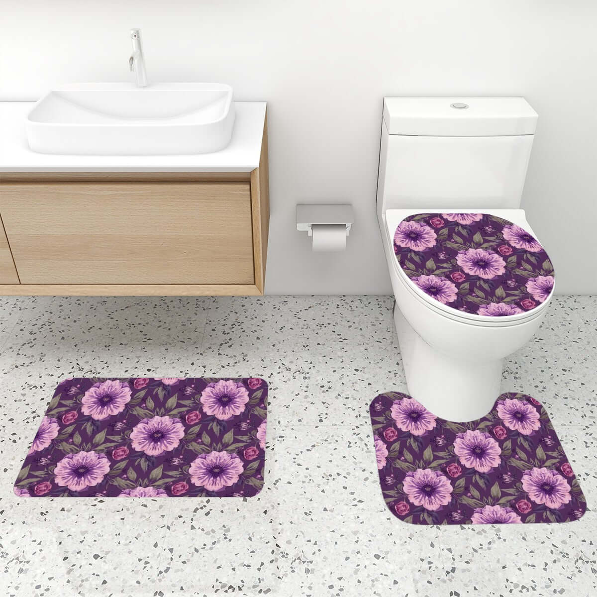 Video Badezimmerteppich-Set mit Duschvorhang, 4-teilig, lila Blumenmuster, Polyester, inkl. Duschvorhang, WC-Abdeckung, Teppiche