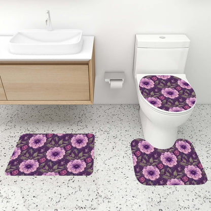Video Badezimmerteppich-Set mit Duschvorhang, 4-teilig, lila Blumenmuster, Polyester, inkl. Duschvorhang, WC-Abdeckung, Teppiche