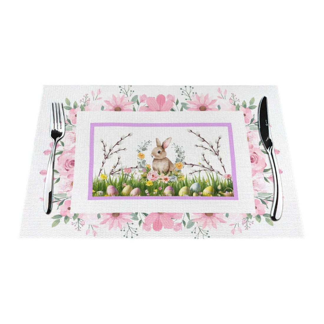 Tischset aus gewebtem PVC mit Osterhasen-Motiv und Blütendesign in Rosa, hitzebeständig und kratzfest, ideal für den Esstisch.