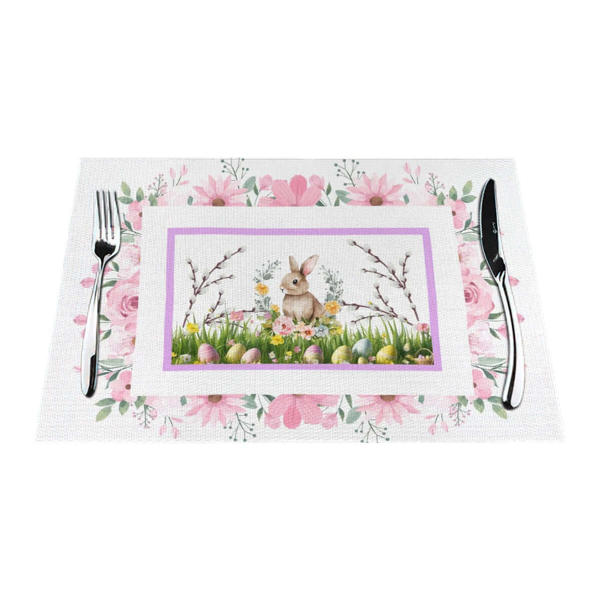Tischset aus gewebtem PVC mit Osterhasen-Motiv und Blütendesign in Rosa, hitzebeständig und kratzfest, ideal für den Esstisch.