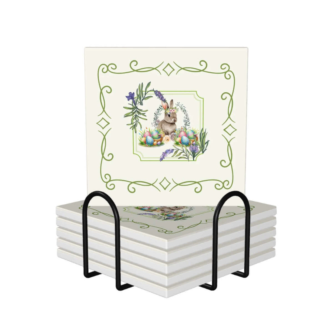 Quadratische Keramikuntersetzer, 6 Stück mit Osterdesign im Ständer, UV-Druck, 4x4 Zoll Keramik, dekorative Geschenkidee