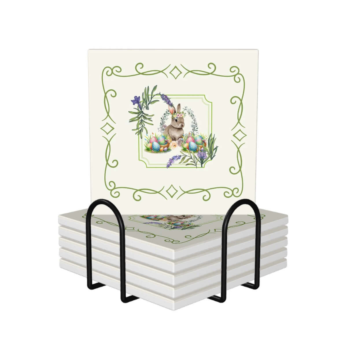 Quadratische Keramikuntersetzer, 6 Stück mit Osterdesign im Ständer, UV-Druck, 4x4 Zoll Keramik, dekorative Geschenkidee