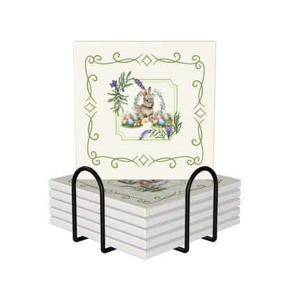 Quadratische Keramikuntersetzer, 6 Stück mit Osterdesign im Ständer, UV-Druck, 4x4 Zoll Keramik, dekorative Geschenkidee