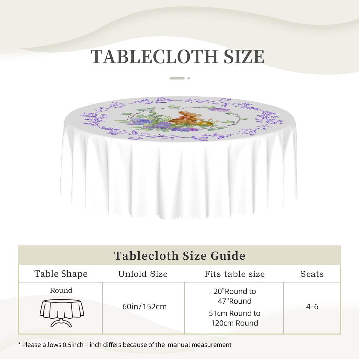 Runde Tischdecke mit gewelltem Rand, 60 Zoll Ostermotiv, 100% Polyester, wasserdicht, Tischdurchmesser 60", perfekt für Schutz und Dekoration.