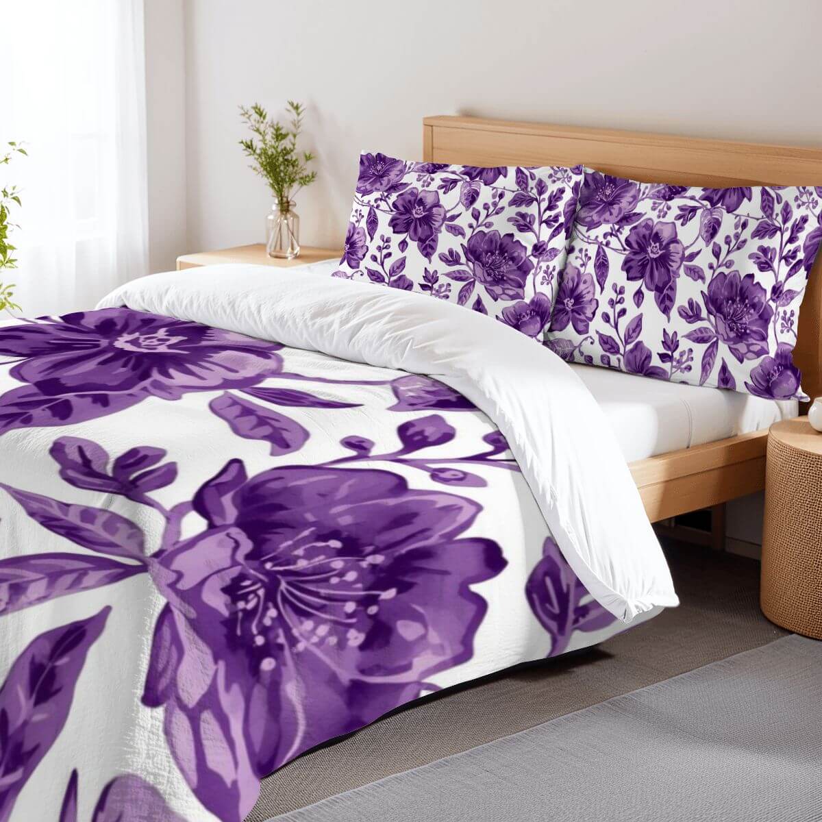 Komplettes Bettwäscheset mit lila Blumenmuster, bestehend aus Bettbezug und Kissenbezügen, aus 90GSM Polyester für ultimativen Komfort.