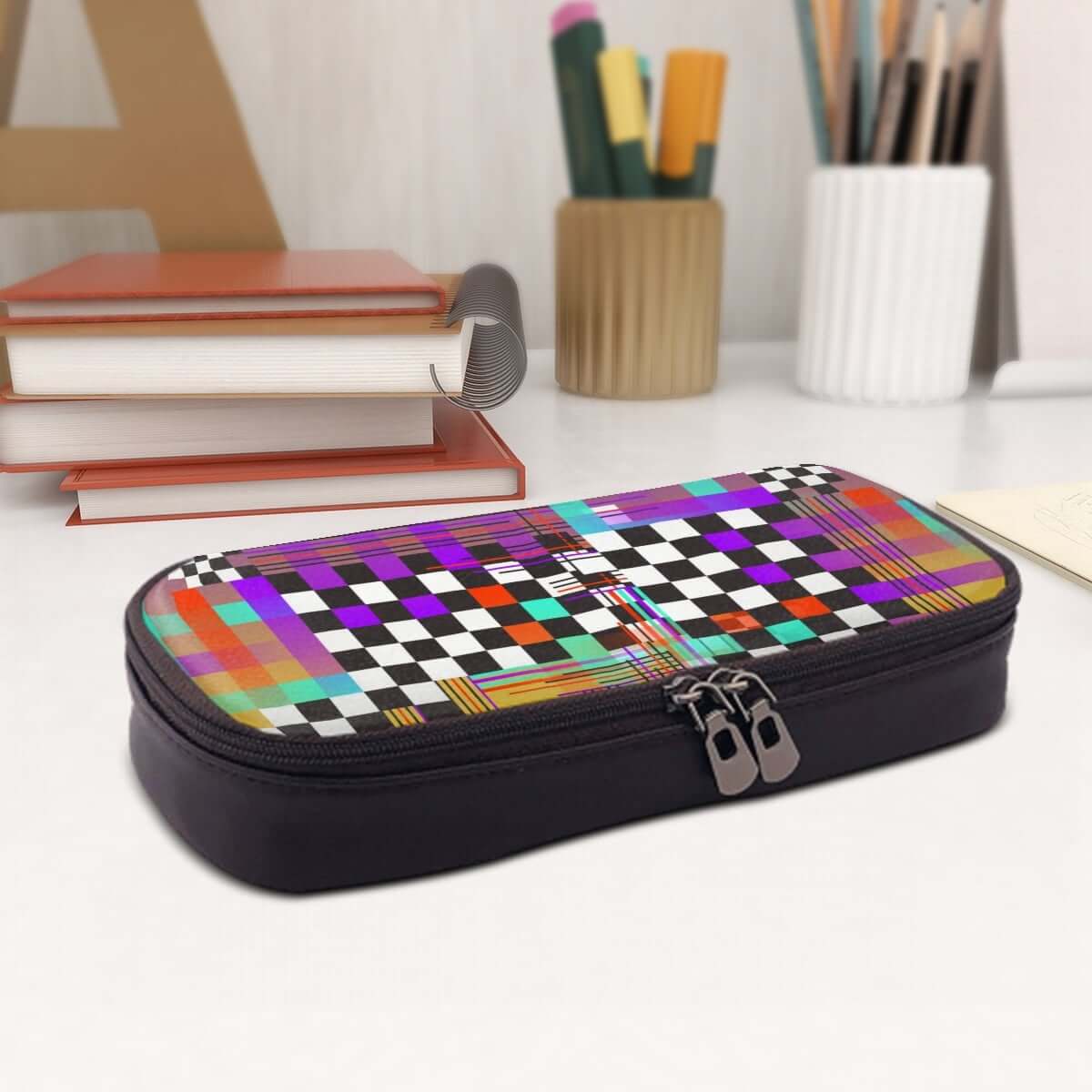 Vertikales Federmäppchen aus Leder mit Klappdeckel auf einem Tisch mit Schreibwaren.