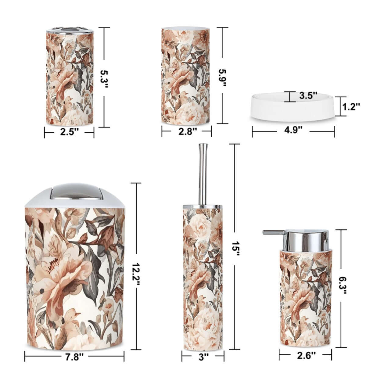 Badezimmer-Accessoires-Set, 5-teilig mit floralem Design, Zahnbürstenhalter, Seifenspender und mehr, aus wasserfestem Kunststoff.
