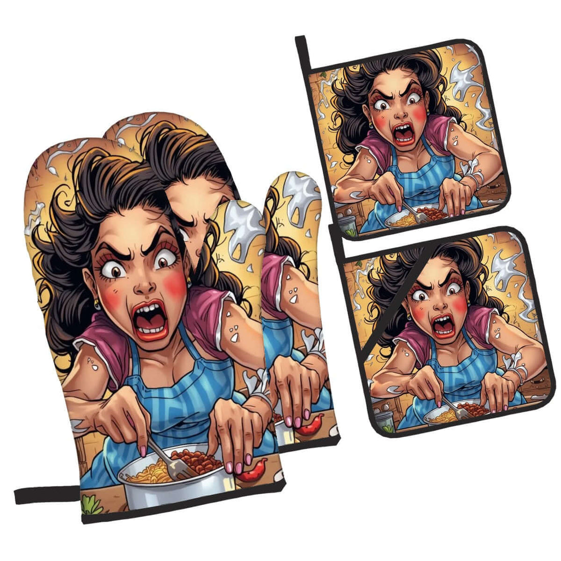 Topflappen-Set (4 Stück) aus wasserdichtem Polyestergewebe, einseitiger Druck, inklusive Ofenhandschuhen und Topflappen. Details für Topflappen-Set (4 Stück) ansehen.