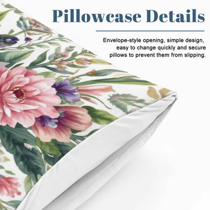 Pillowcase with floral design, showcasing envelope-style opening for secure fit and easy pillow change.