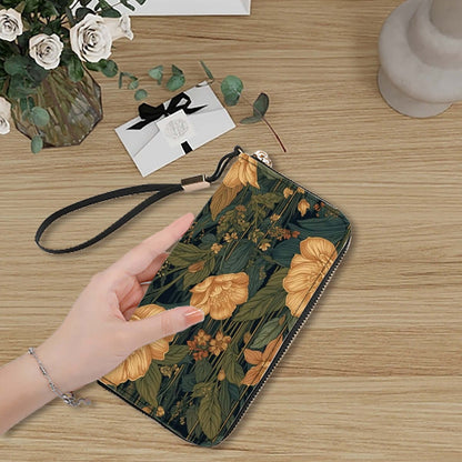 Clutch-Geldbörse für Damen aus hochwertigem PU-Stoff mit Blumendesign, zeigt doppelseitigen Druck und große Kapazität auf Holztisch.