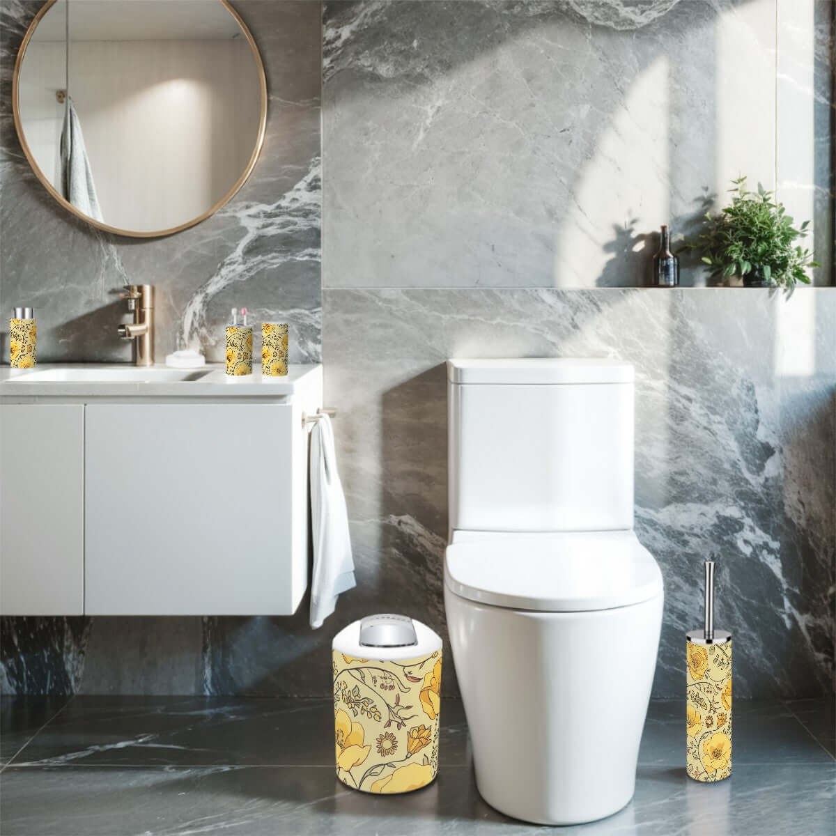 Badezimmer mit Badezimmer-Accessoires-Set, 5-teilig, aus Plastik, individuell entworfen, glatt, wasserdicht und leicht abzuwischen.