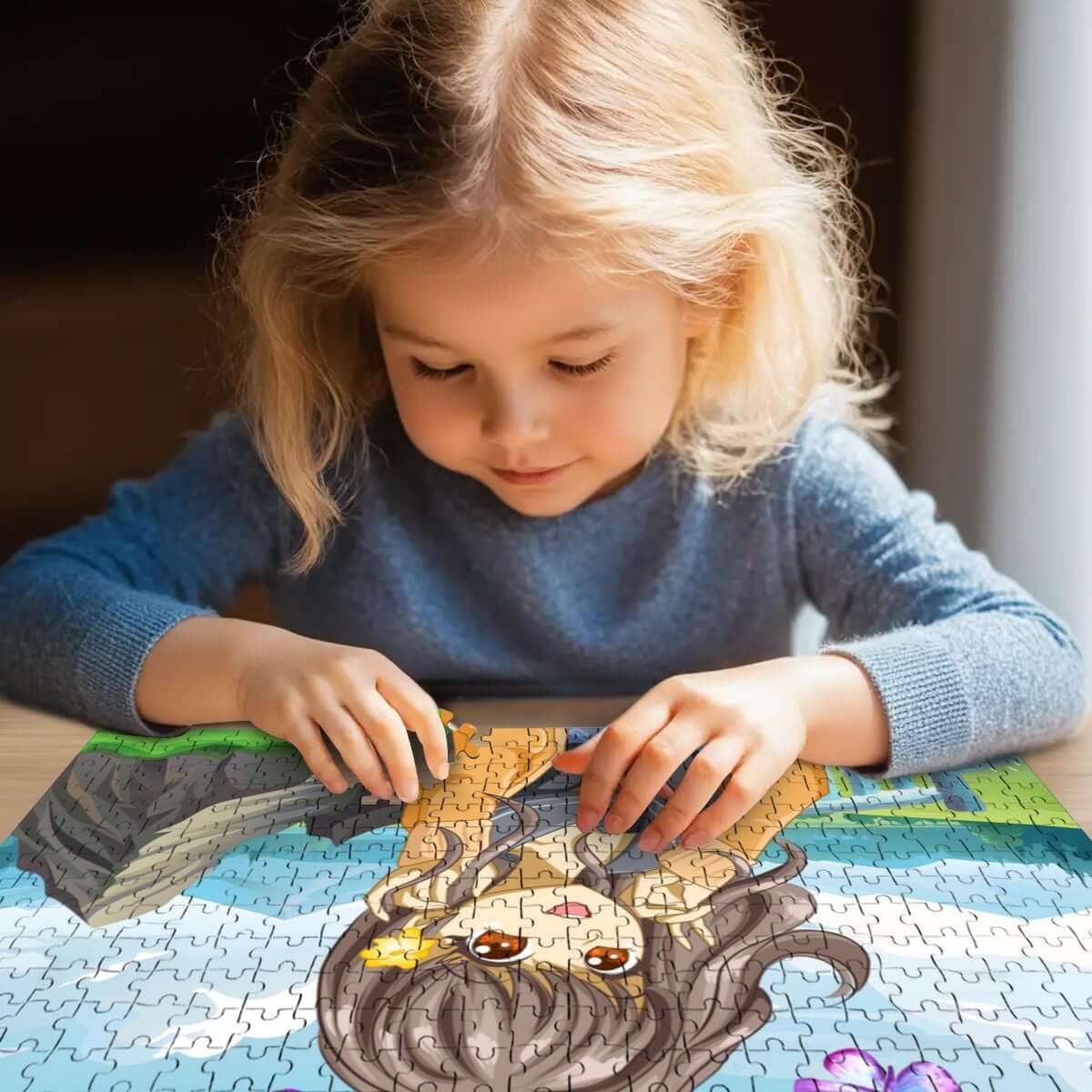 Kind puzzelt mit 500-teiligem Holzpuzzle, 52x38 cm, aus hochwertigem Lindenholz, UV-Druck, Baseballkappe mit Mesh-Einsatz.