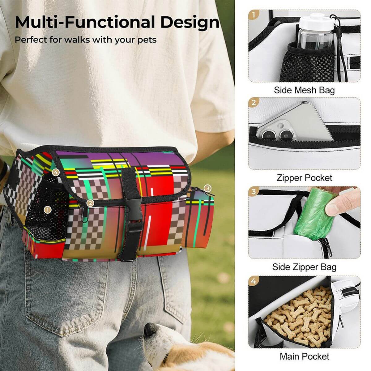 Hüfttasche für das Outdoor-Training von Haustieren mit mehreren Taschen und buntem Design, perfekt für Tierausflüge.