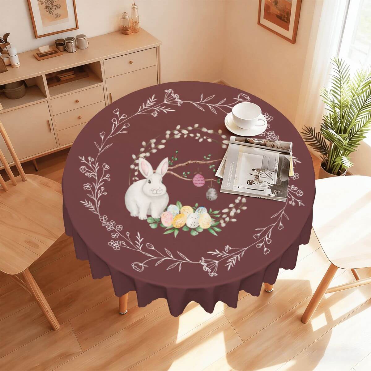 Runde Tischdecke mit gewelltem Rand, 60 Zoll Ostermotiv aus 100% Polyester, wasserdicht, weich, für Tischschutz und Dekoration, einseitig bedruckt.