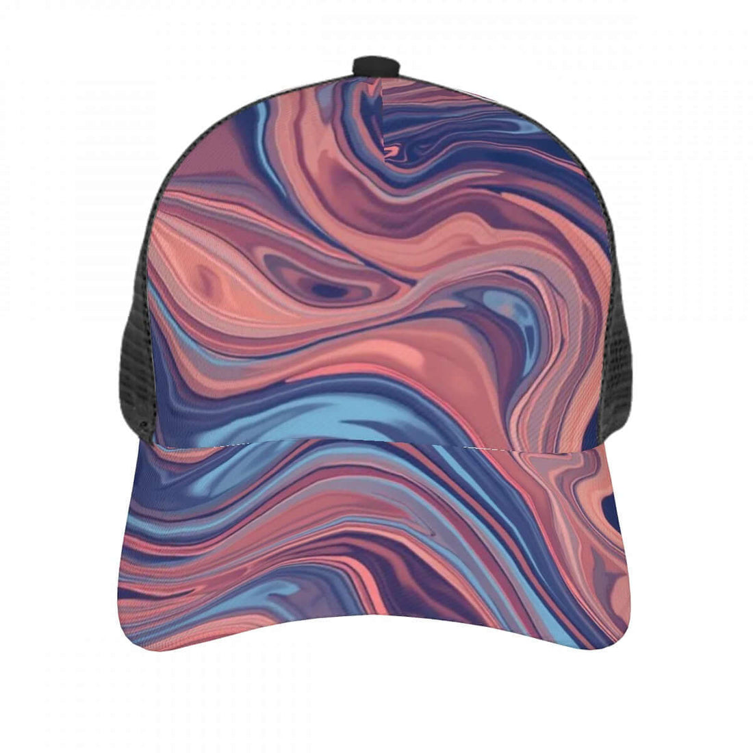 Baseballkappe aus Mesh mit buntem geometrischem Design und atmungsaktivem Netzmaterial.