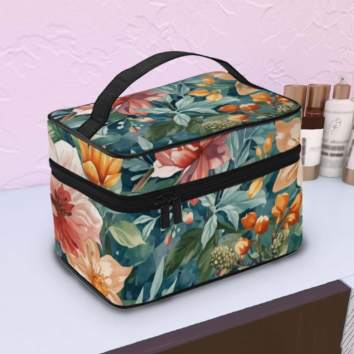 Tragbare Reise-Kosmetiktasche mit floralem Design, Polyester, große Kapazität für Reisebedarf, elegante Reißverschlussstruktur