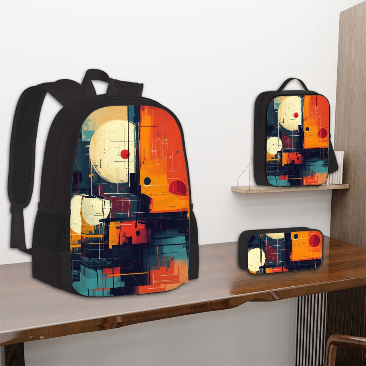 3er-Set Taschen (Oxford-Rucksack, Lunchtasche &amp; Federmäppchen) mit modernem geometrischem Design in warmen Farben