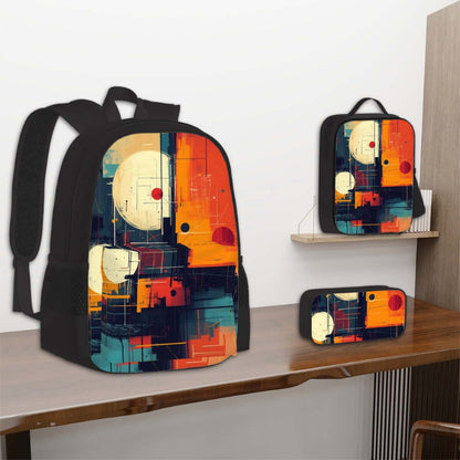 3er-Set Taschen (Oxford-Rucksack, Lunchtasche &amp; Federmäppchen) mit modernem geometrischem Design in warmen Farben
