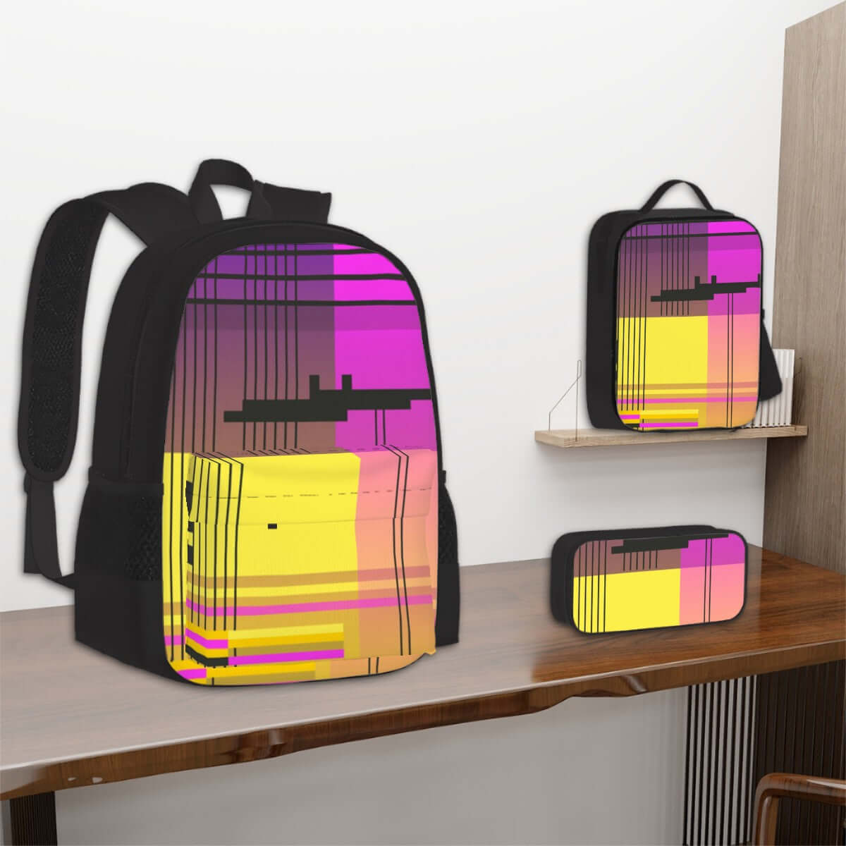 3er-Set Taschen (Oxford-Rucksack, Lunchtasche &amp; Federmäppchen) aus Oxford-Stoff mit modernem geometrischem Design, sublimierter Druck.