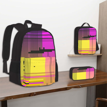 3er-Set Taschen (Oxford-Rucksack, Lunchtasche &amp; Federmäppchen) aus Oxford-Stoff mit modernem geometrischem Design, sublimierter Druck.