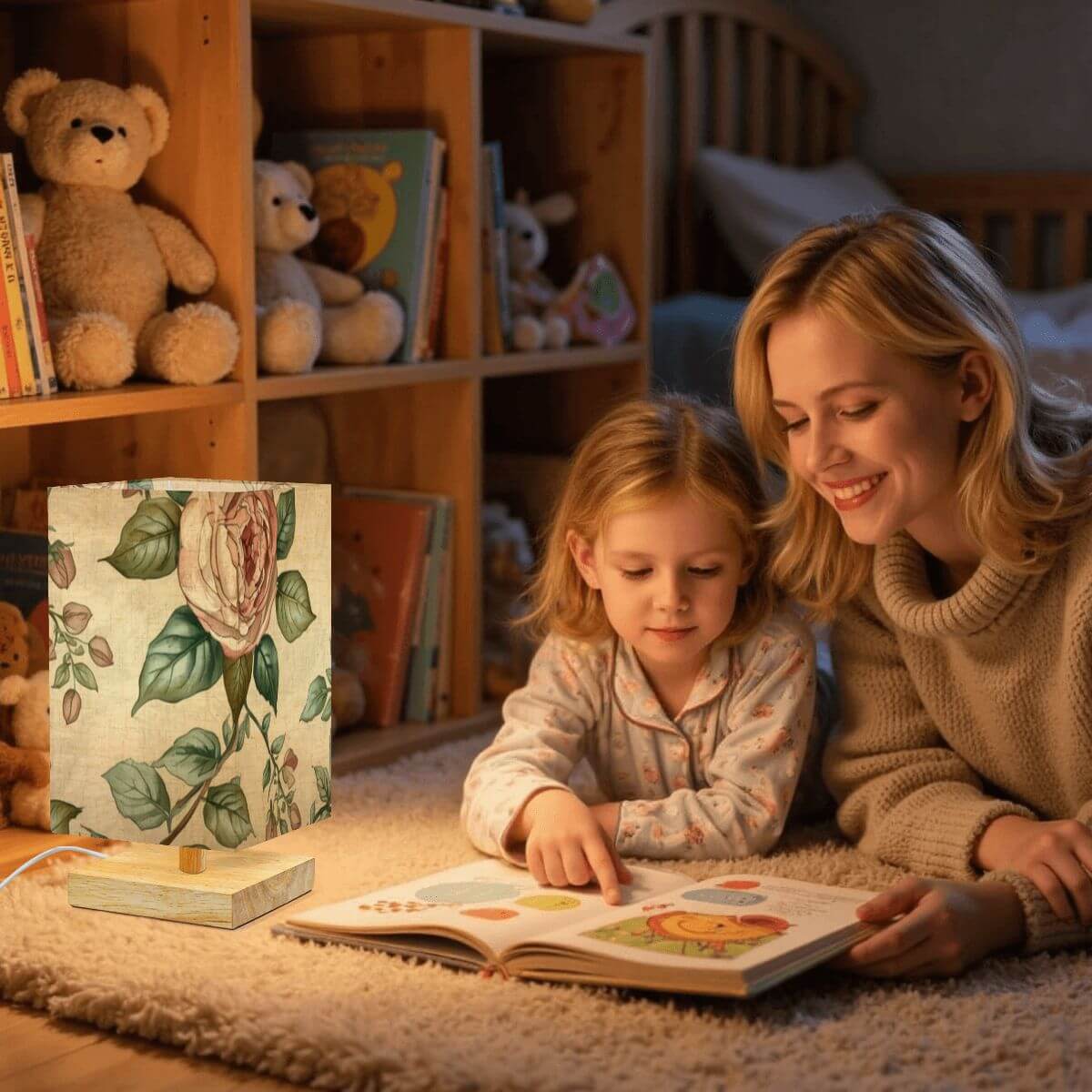 Quadratische Tischlampe mit Blumenmuster auf Leinen, beleuchtend kinderfreundlichen Raum, während Mutter und Tochter ein Buch lesen.