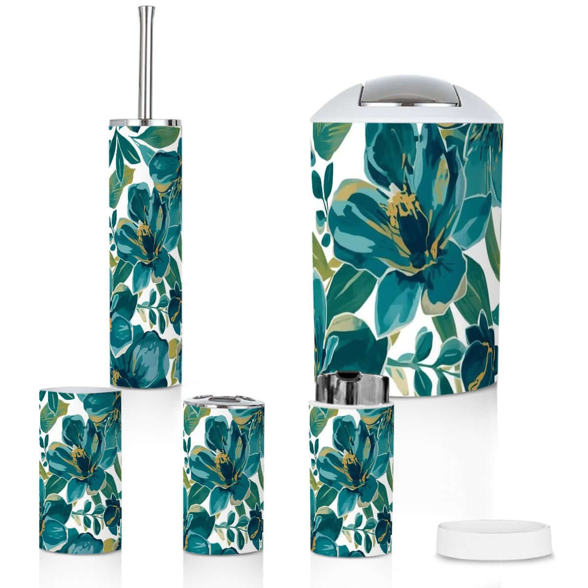 Badezimmer-Accessoires-Set, 5-teilig, aus hochwertigem Kunststoff mit floralem Design, einschließlich Zahnbürstenhalter und Becher.