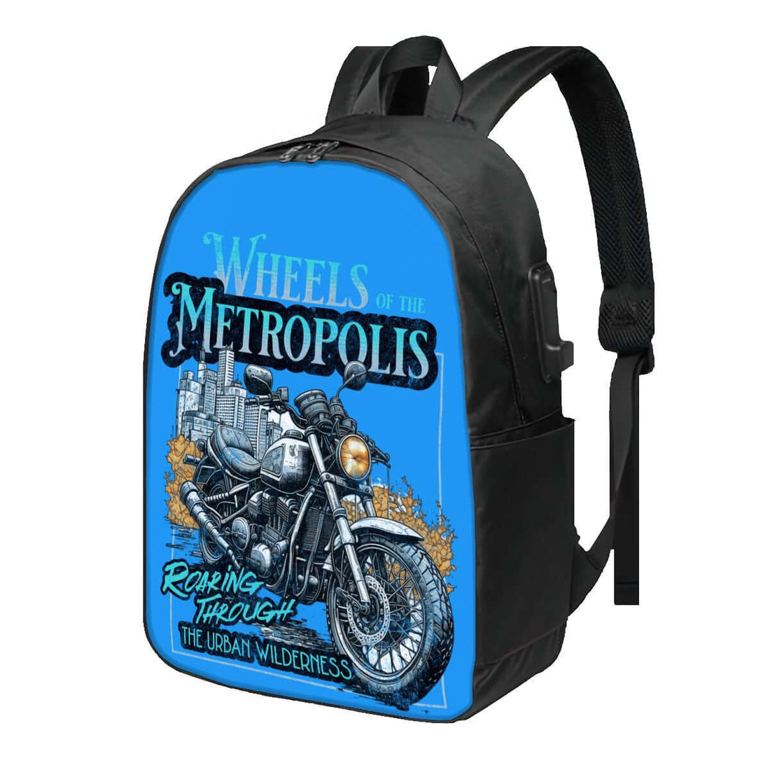 Modern backpack featuring a motorcycle design with &