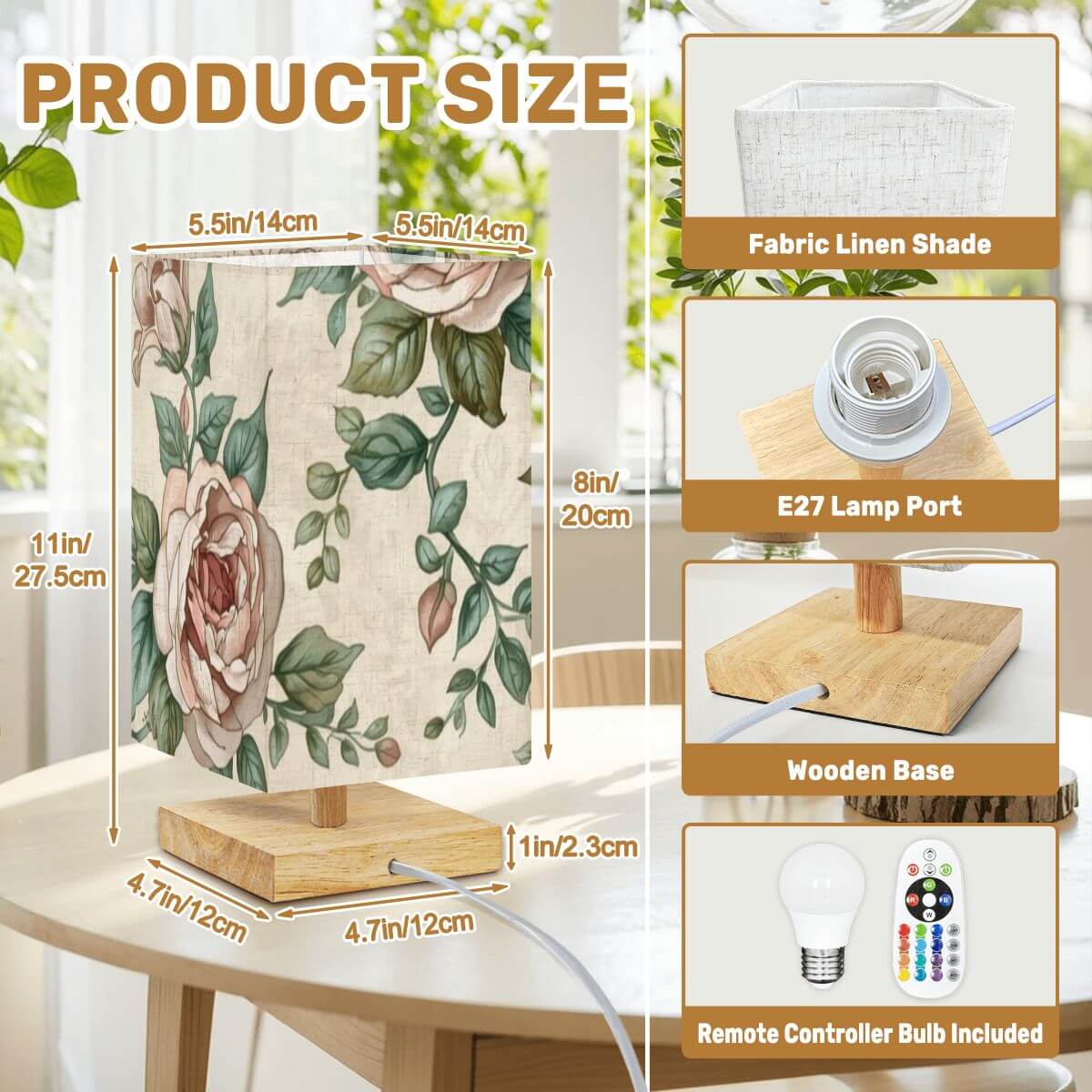 Quadratische Tischlampe mit Leinenstoff, E27-Sockel und Holzsockel, Größe 5,5&