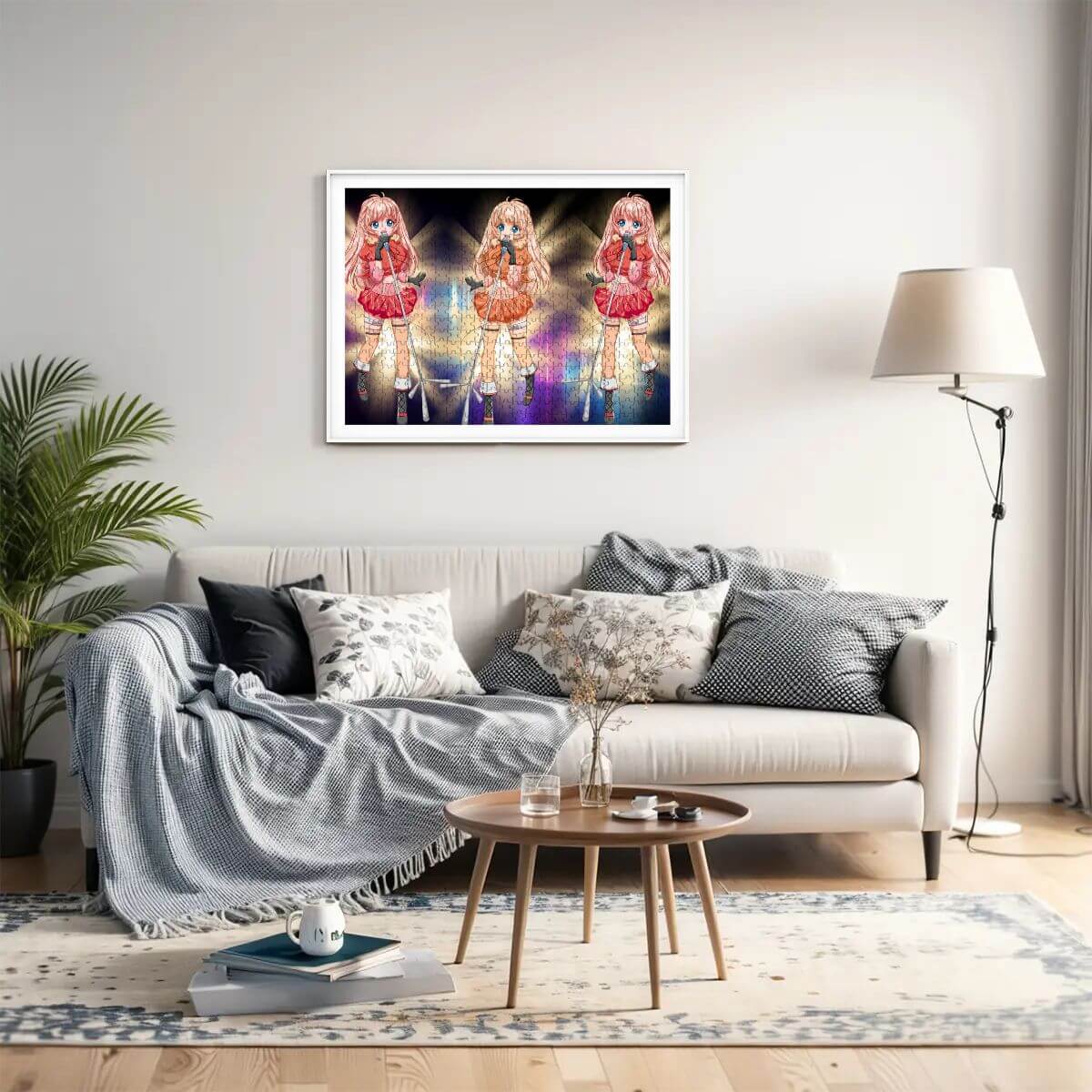 500-teiliges Holzpuzzle (horizontal) auf einem stilvollen Sofa in einem modernen Wohnzimmer.