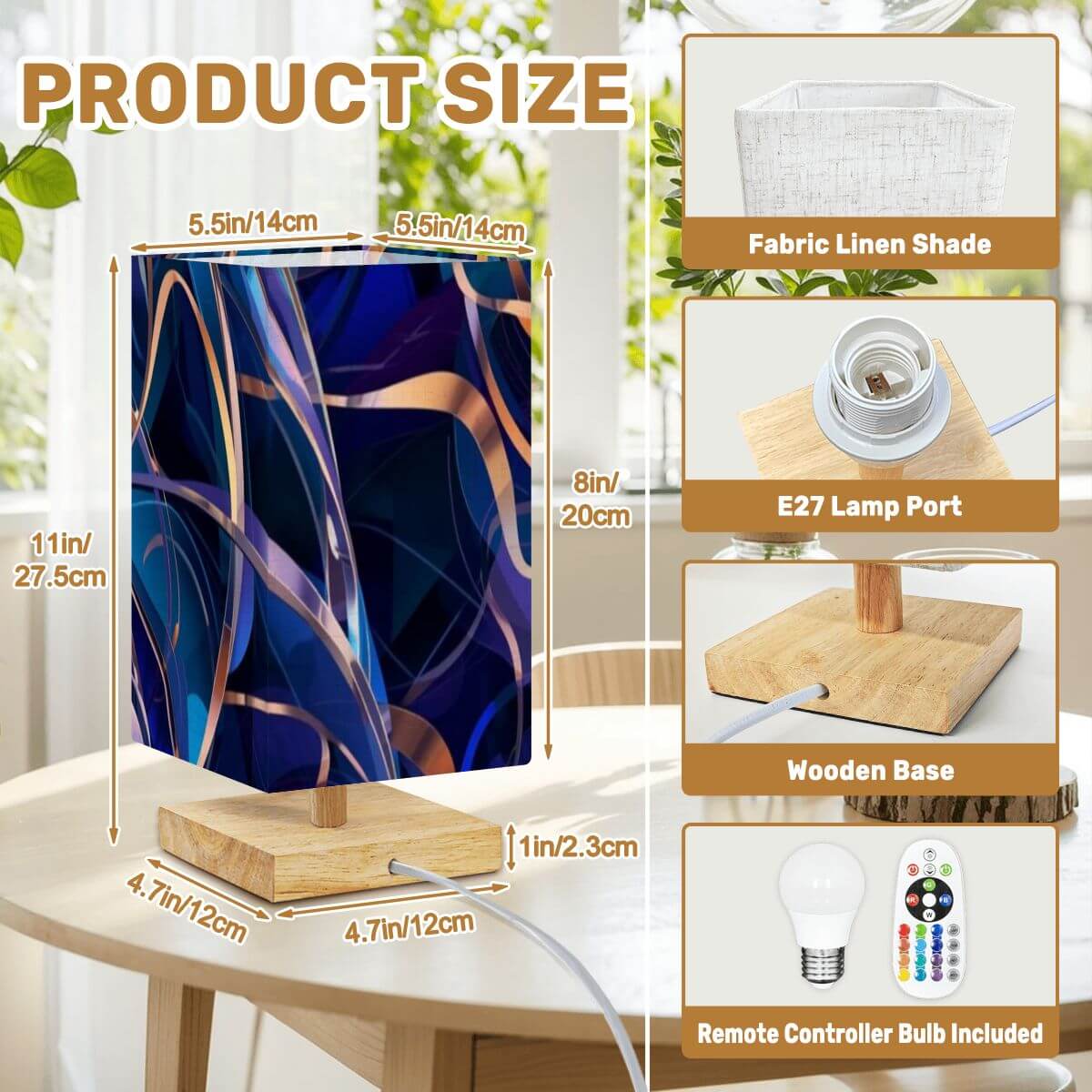 Quadratische Tischlampe mit Leinenlampenschirm, Gummiholzbasis und E27-Sockel, ideal für gemütliche Atmosphären, inkl. Fernbedienung.