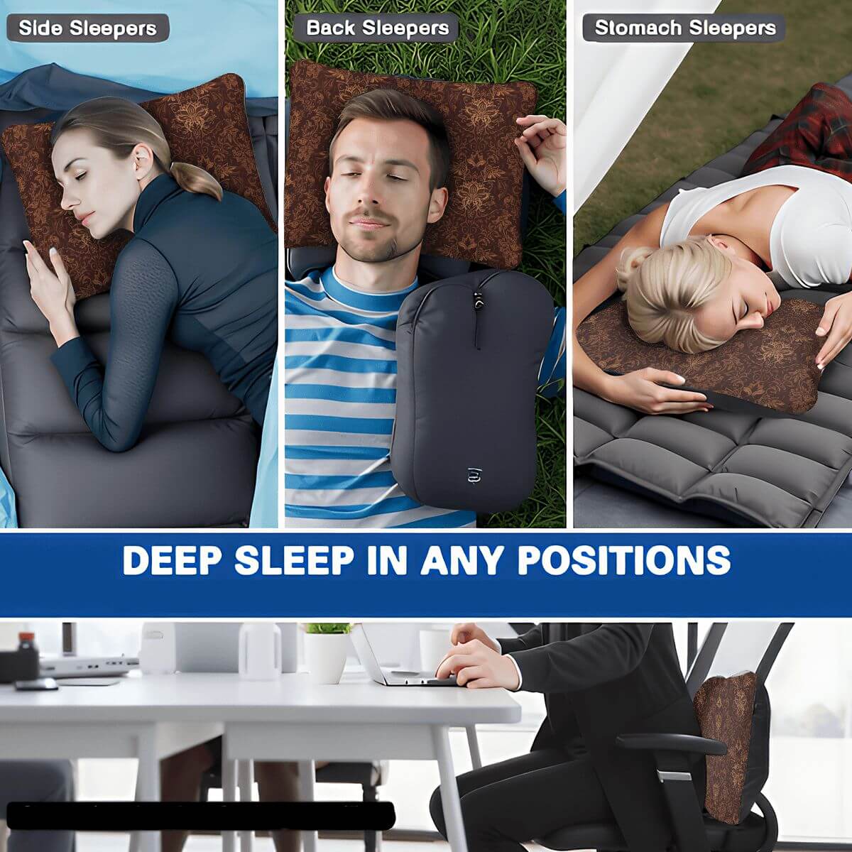 Aufblasbares Campingkissen für seitliche, Rücken- und Bauchschläfer; ergonomisch und atmungsaktiv; ideal für tiefer Schlaf in jeder Position.