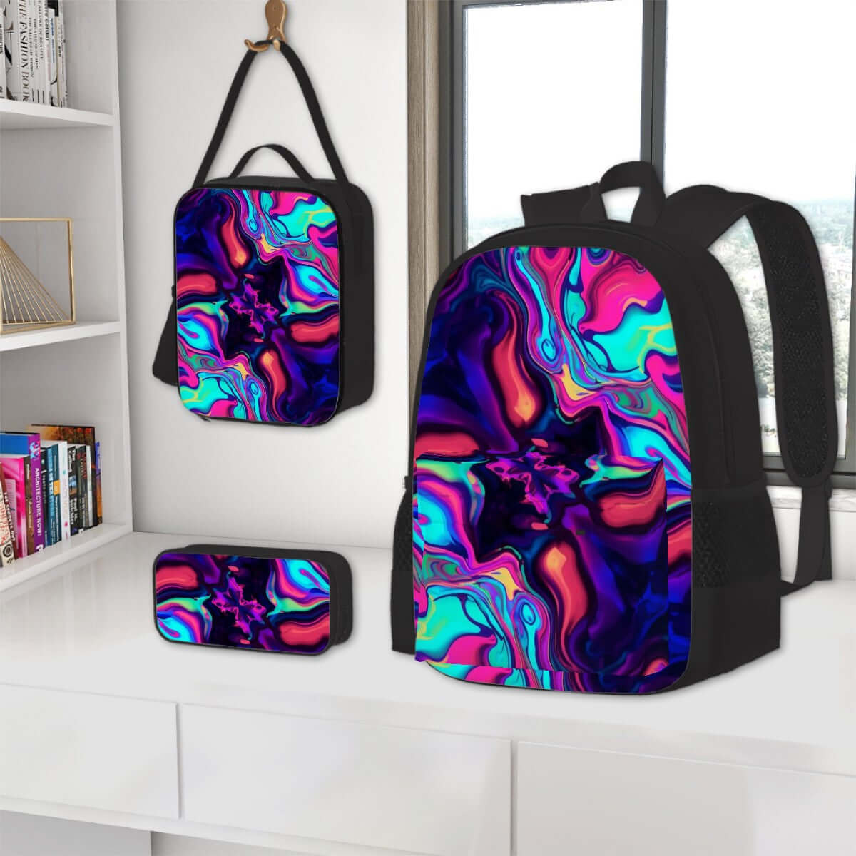 3er-Set Taschen (Oxford-Rucksack, Lunchtasche &amp; Federmäppchen) aus Oxford-Stoff mit buntem Design, robust und stilvoll.