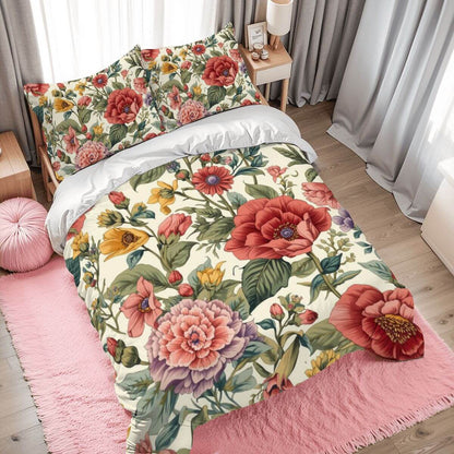Komplettes Bettwäscheset mit Blumenmuster auf hochwertigem Polyesterstoff, bedruckt per Sublimation, Bettbezug 80x90 Zoll.