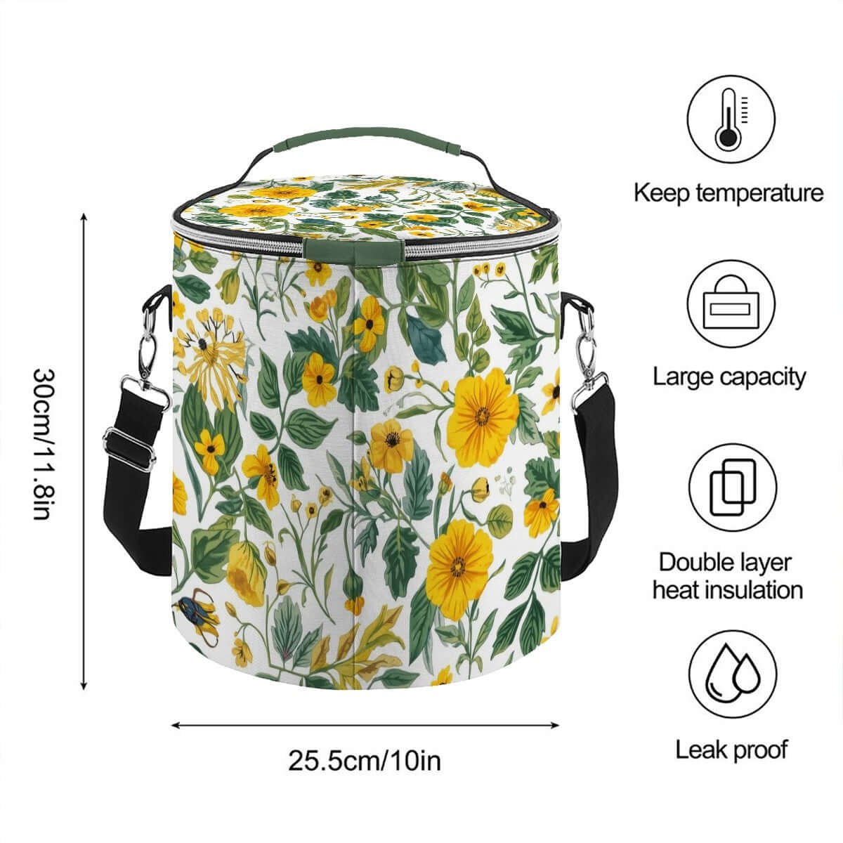 Camping‑Kühltasche tragbar isoliert wasserdicht, 11,8"x10", Polyester, mit gelbem Blumenmuster, doppelschichtige Wärmedämmung.