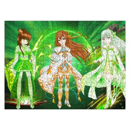 500-teiliges Holzpuzzle (horizontal) mit drei Anime-Charakteren in bunten Outfits auf grünem Hintergrund